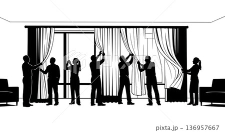 Black Solid Realtor Adjusting Curtain Silhouettes Set of Six on White Background 136957667