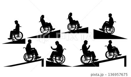 Black Solid Planner Wheelchair Test Silhouettes Set of Six on White Background 136957675