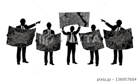 Black Solid Planner Wall Map Point Silhouettes Set of Six on White Background Black Solid Planner Wall Map Point Silhouettes Set of Six on White Background 136957684