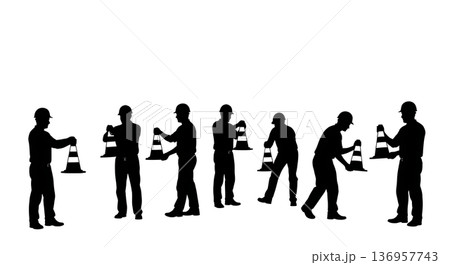 Black Solid Planner Traffic Cone Silhouettes Set of Six on White Background Black Solid Planner Traffic Cone Silhouettes Set of Six on White Background 136957743