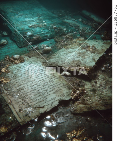 Ancient handwritten manuscripts submerged underwater with debris and mystery 136957751