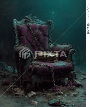 Abandoned royal armchair underwater chained book mysterious deep ocean 136957752