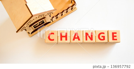 Change symbol. Concept word Change on beautiful wooden blocks. Beautiful white background. Beautiful wooden model of house. Business change concept. Copy space. Change symbol. Concept word Change on beautiful wooden blocks. Beautiful white background. Beautiful wooden model of house. Business change concept. Copy space. 136957792