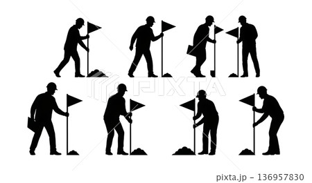 Black Solid Planner Survey Flag Silhouettes Set of Six on White Background 136957830