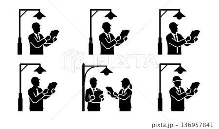 Black Solid Planner Street Light Check Silhouettes Set of Six on White Background 136957841