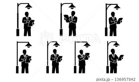 Black Solid Planner Street Light Check Silhouettes Set of Six on White Background 136957842