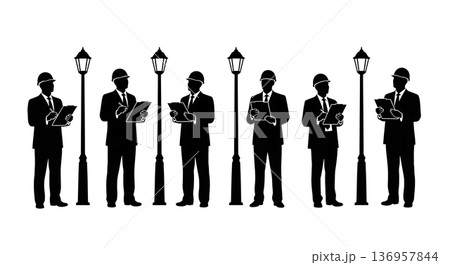 Black Solid Planner Street Light Check Silhouettes Set of Six on White Background 136957844
