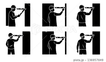 Black Solid Planner Spirit Level Check Silhouettes Set of Six on White Background 136957849