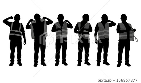 Black Solid Planner Safety Vest Silhouettes Set of Six on White Background Black Solid Planner Safety Vest Silhouettes Set of Six on White Background 136957877