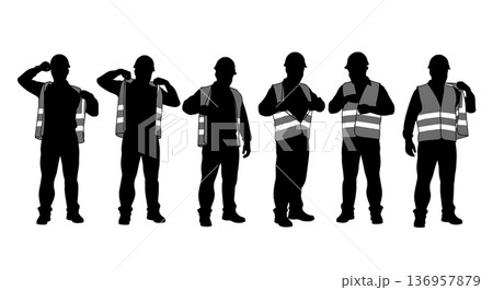 Black Solid Planner Safety Vest Silhouettes Set of Six on White Background Black Solid Planner Safety Vest Silhouettes Set of Six on White Background 136957879