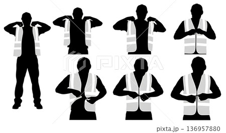 Black Solid Planner Safety Vest Silhouettes Set of Six on White Background Black Solid Planner Safety Vest Silhouettes Set of Six on White Background 136957880