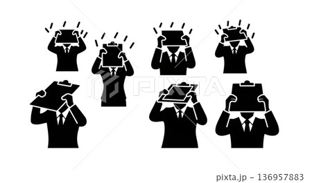 Black Solid Planner Shielding Head Silhouettes Set of Six on White Background Black Solid Planner Shielding Head Silhouettes Set of Six on White Background 136957883