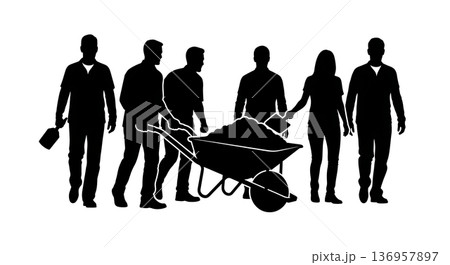 Black Solid Planner Pushing Wheelbarrow Silhouettes Set of Six on White Background 136957897