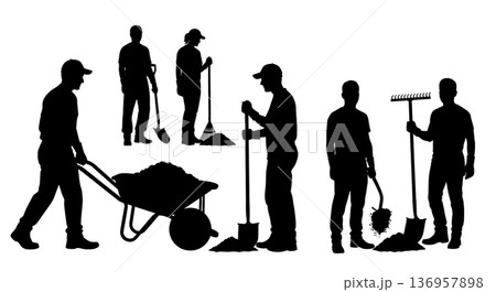 Black Solid Planner Pushing Wheelbarrow Silhouettes Set of Six on White Background Black Solid Planner Pushing Wheelbarrow Silhouettes Set of Six on White Background 136957898