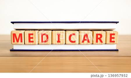 Medicare word symbol. Concept word Medicare on beautiful wooden blocks in beautiful book. Beautiful wooden table white background. Medical support help medicare word concept. Copy space. 136957932