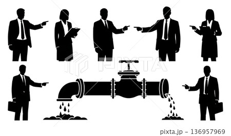 Black Solid Planner Pipe Leak Silhouettes Set of Six on White Background 136957969