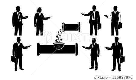 Black Solid Planner Pipe Leak Silhouettes Set of Six on White Background 136957970