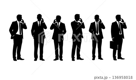 Black Solid Planner Mobile Phone Silhouettes Set of Six on White Background 136958018