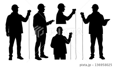 Black Solid Planner Laser Measure Silhouettes Set of Six on White Background Black Solid Planner Laser Measure Silhouettes Set of Six on White Background 136958025