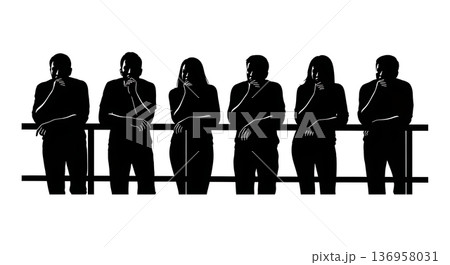 Black Solid Planner Leaning Railing Silhouettes Set of Six on White Background 136958031