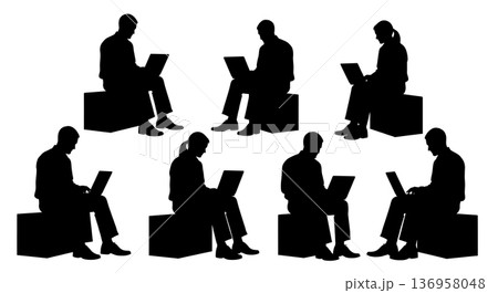 Black Solid Planner Laptop Crate Silhouettes Set of Six on White Background Black Solid Planner Laptop Crate Silhouettes Set of Six on White Background 136958048