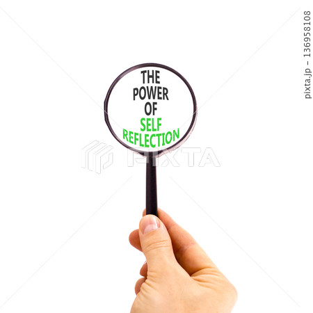 Self reflection symbol. Concept words The power of self reflection in beautiful magnifying glass. Beautiful white background. Business The power of self reflection concept. Copy space. 136958108