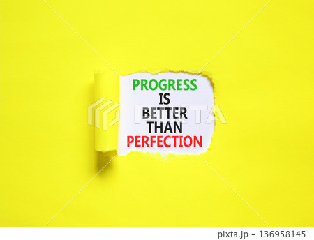 Progress or perfection words symbol. Concept words Progress is better than perfection on beautiful white paper. Beautiful yellow paper background. Business progress or perfection concept. Copy space. Progress or perfection words symbol. Concept words Progress is better than perfection on beautiful white paper. Beautiful yellow paper background. Business progress or perfection concept. Copy space. 136958145
