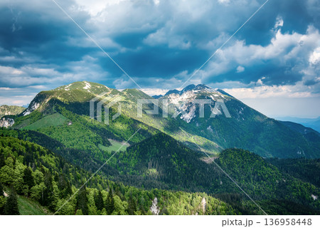 Alpine mountains - view from Golica peak in Karavanke range, Slovenia Alpine mountains - view from Golica peak in Karavanke range, Slovenia 136958448