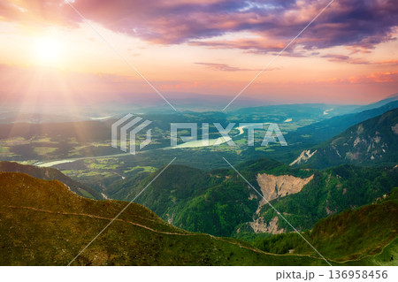 Alpine mountains - view from Golica peak in Karavanke range, Slovenia, at sunrise 136958456
