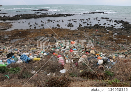 海岸に流れ着いたゴミ 海岸に流れ着いたゴミ 136958536
