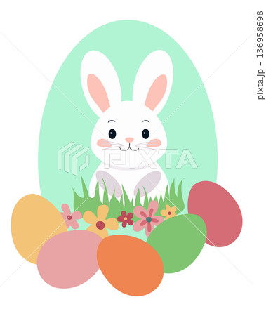 Cute Easter bunny sitting in the grass with colorful painted eggs. Vector illustration of white rabbit 136958698