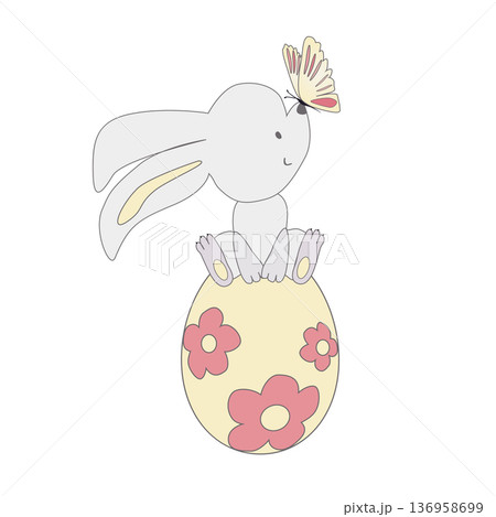 Cute Easter bunny sitting on decorated egg with butterfly on its nose. Hand drawn 136958699
