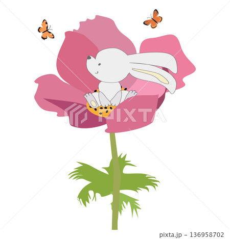 Cute white bunny sitting inside a big pink flower with butterflies. Whimsical vector illustration of a rabbit Cute white bunny sitting inside a big pink flower with butterflies. Whimsical vector illustration of a rabbit 136958702