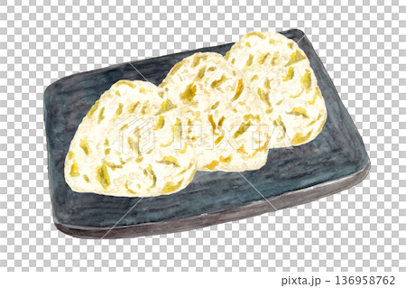 皿に並べた高菜おにぎりの手描き水彩イラスト 136958762
