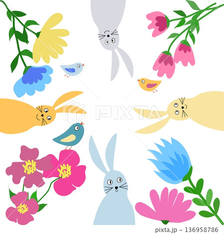 Funny Easter bunnies and little birds with spring flowers in a circular composition. Whimsical vector illustration Funny Easter bunnies and little birds with spring flowers in a circular composition. Whimsical vector illustration 136958786