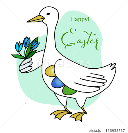 Cute white goose holding a bouquet of blue flowers. Funny vector illustration with colorful eggs under the bird's wing Cute white goose holding a bouquet of blue flowers. Funny vector illustration with colorful eggs under the bird's wing 136958787