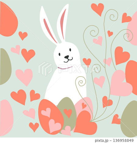 Cute white Easter bunny surrounded by hearts and painted eggs. Romantic spring Cute white Easter bunny surrounded by hearts and painted eggs. Romantic spring 136958849