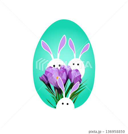 Easter illustration with three cute white bunnies peeking out from behind purple crocus flowers on turquoise background. 136958850