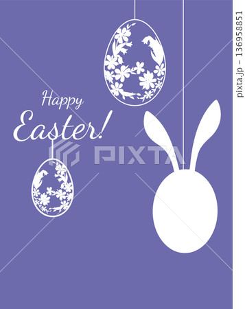 Happy Easter greeting card with hanging paper silhouettes. White floral eggs and rabbit ears on purple background. Vector illustration for holiday banners, invitations and seasonal decorations 136958851