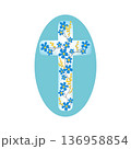 Christian cross made of blue and yellow spring flowers. Floral religious symbol of faith and hope in Ukrainian colors 136958854