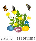 Bright Easter illustration with yellow dandelions, butterflies and Easter eggs. Spring landscape with blooming flowers 136958855