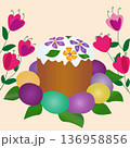 Festive Easter still life with traditional glazed Easter cake decorated with purple and orange flowers 136958856