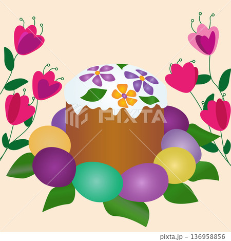Festive Easter still life with traditional glazed Easter cake decorated with purple and orange flowers 136958856
