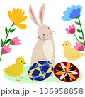 Easter bunny and cute yellow chicks on spring meadow with flowers. Vector illustration with decorative eggs, geometric and floral patterns. Happy Easter greeting card design 136958858