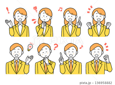 スーツ姿の男女イラスト8点セット｜使いやすい単色・シンプルカラー 136958882