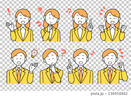 スーツ姿の男女イラスト8点セット｜使いやすい単色・シンプルカラー 136958882