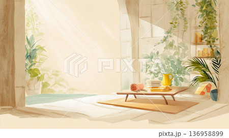 やわらかな光が差し込むナチュラルな室内空間の背景イラスト素材 136958899