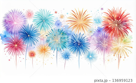 カラフルな花火のイラスト（水彩画、夏のイメージイラスト） 136959123