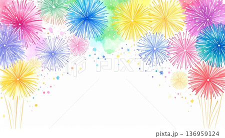 カラフルな花火のイラスト（水彩画、夏のイメージイラスト） 136959124