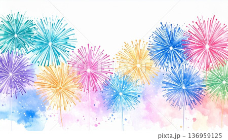 カラフルな花火のイラスト（水彩画、夏のイメージイラスト） 136959125